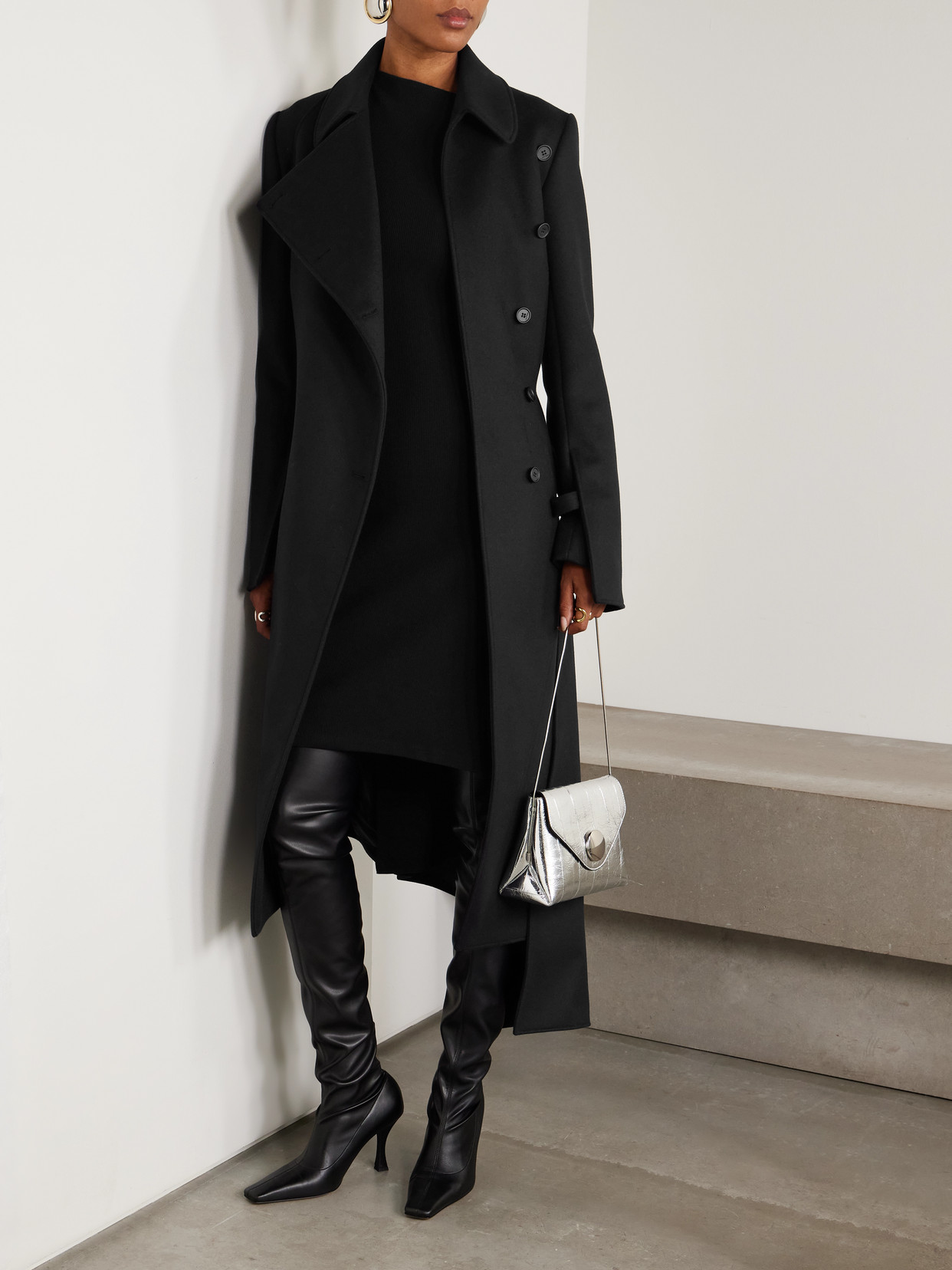Courrèges Double-breasted Asymmetric Wool And Silk-blend Coat In Black