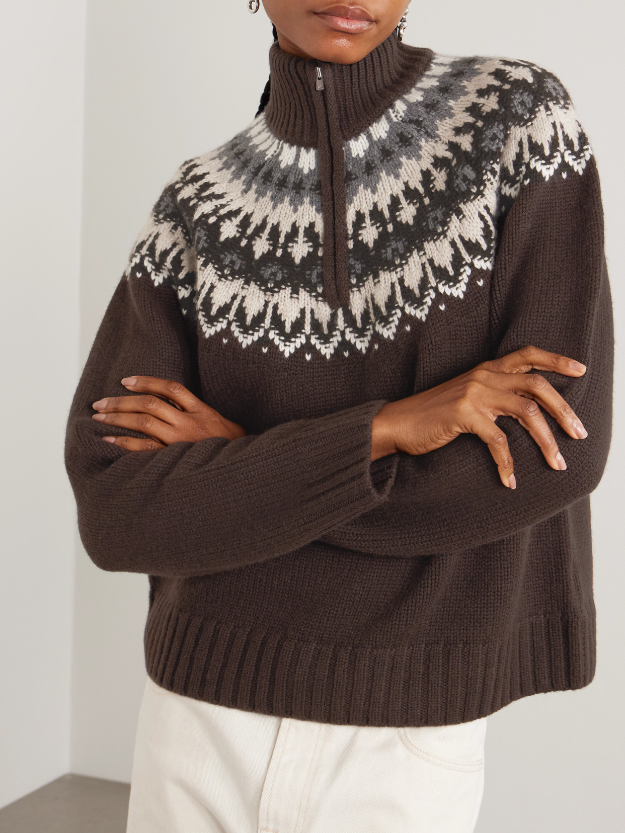 Arch4 Fair Isle Cashmere Half-zip Sweater In Brown