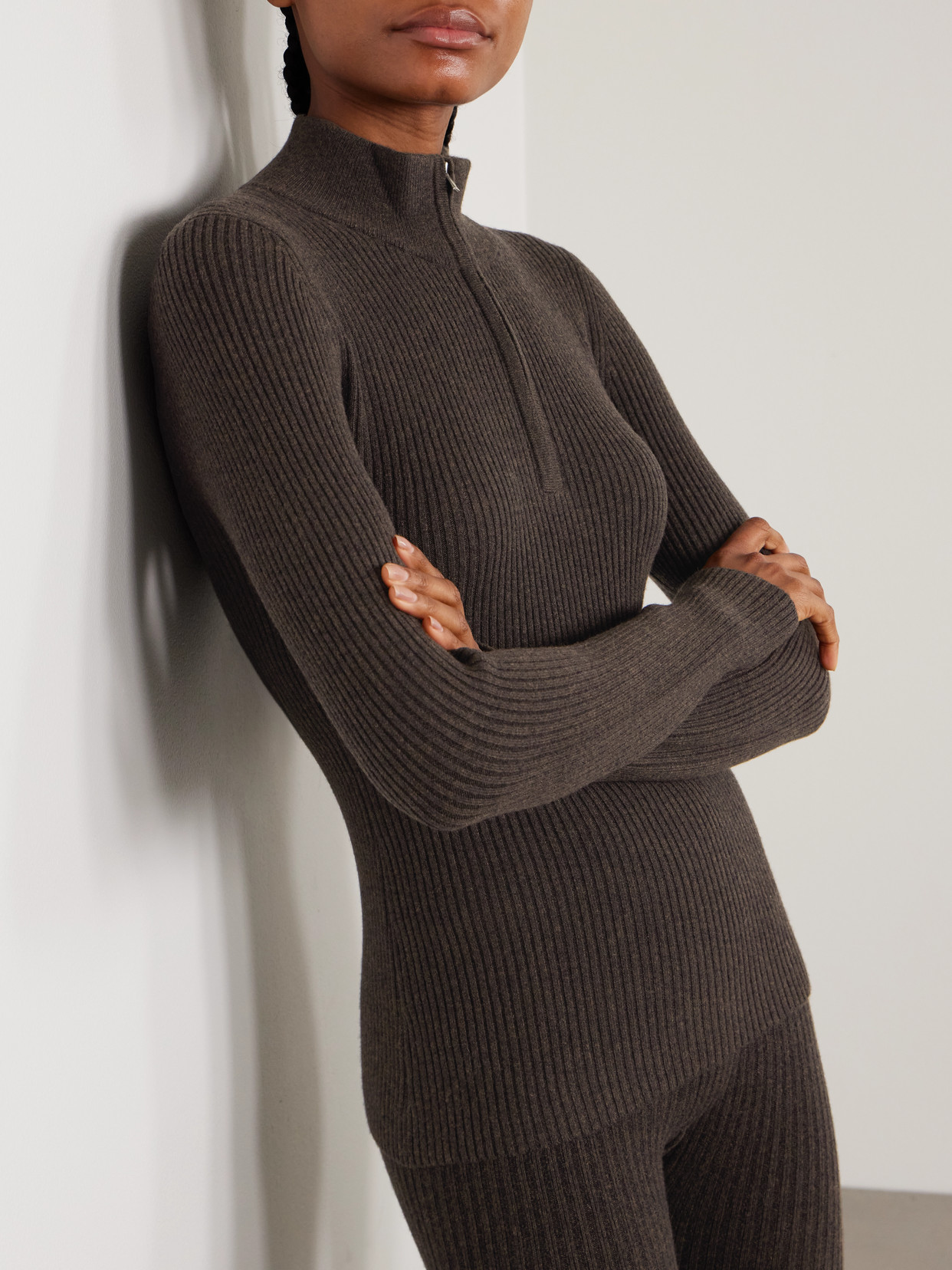 Arch4 Ella Ribbed Cashmere Half-zip Sweater And Leggings Ski Set In Brown
