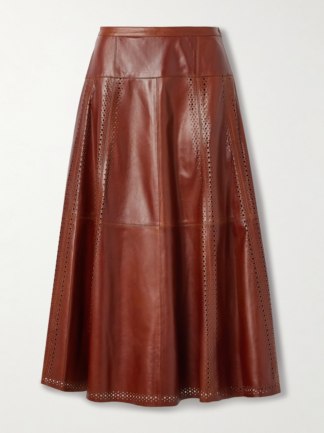 Ulla Johnson Aninda Paneled Perforated Leather Midi Skirt In Brown