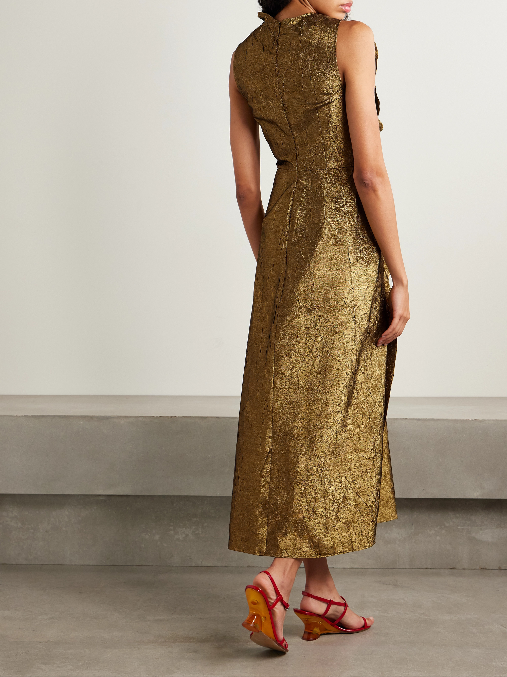 knee length dresses for ladies Demetria Sleeveless Ruched Front Midi Dress - Gold Leaf Metallic Gold  Texture Crushed Dress