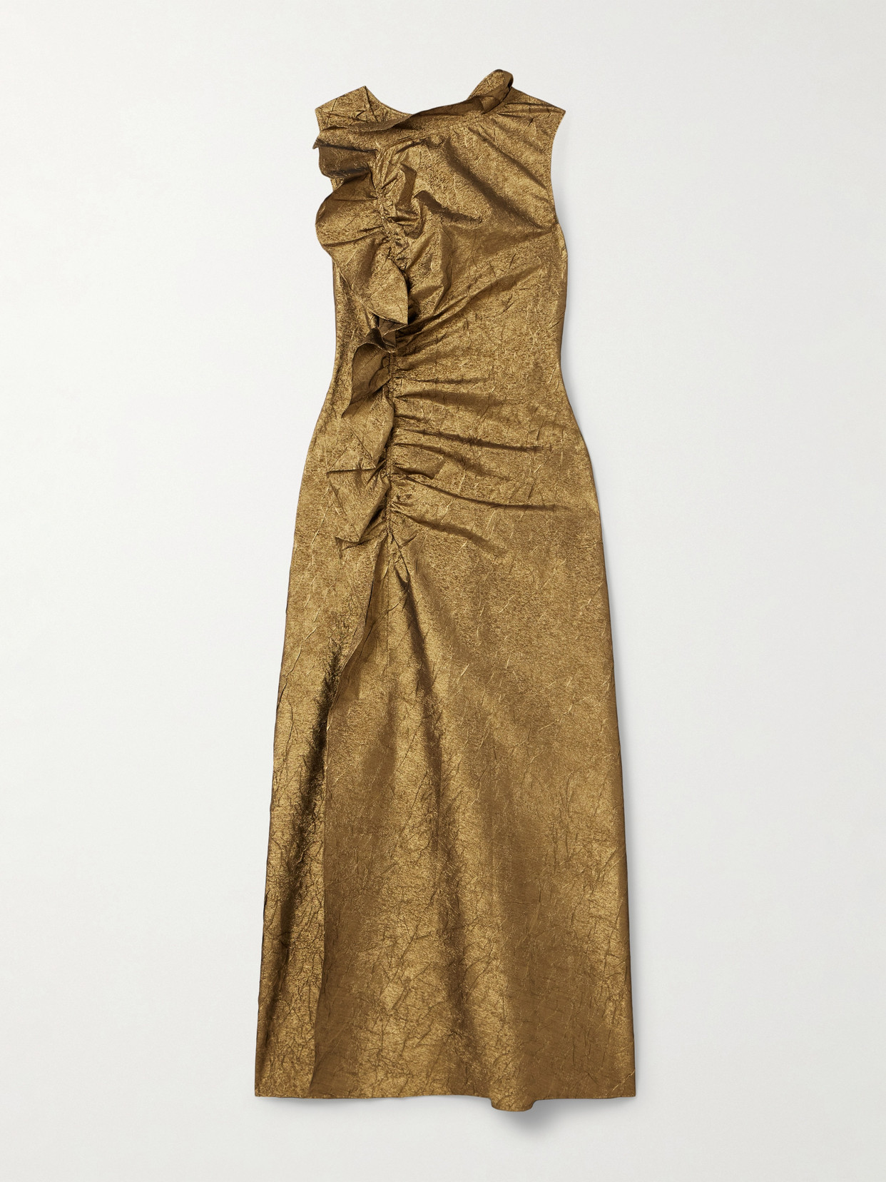 Ulla Johnson Demetria Ruffled Ruched Metallic Crinkled-taffeta Midi Dress In Gold