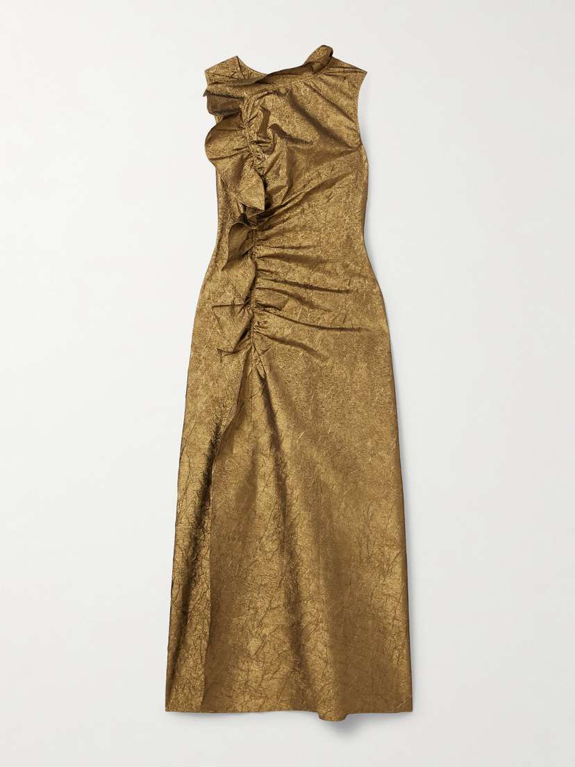 Ulla Johnson Demetria Ruffled Ruched Metallic Crinkled-taffeta Midi Dress