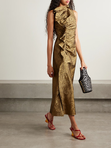 Ulla Johnson Demetria ruffled ruched metallic crinkled-taffeta midi dress