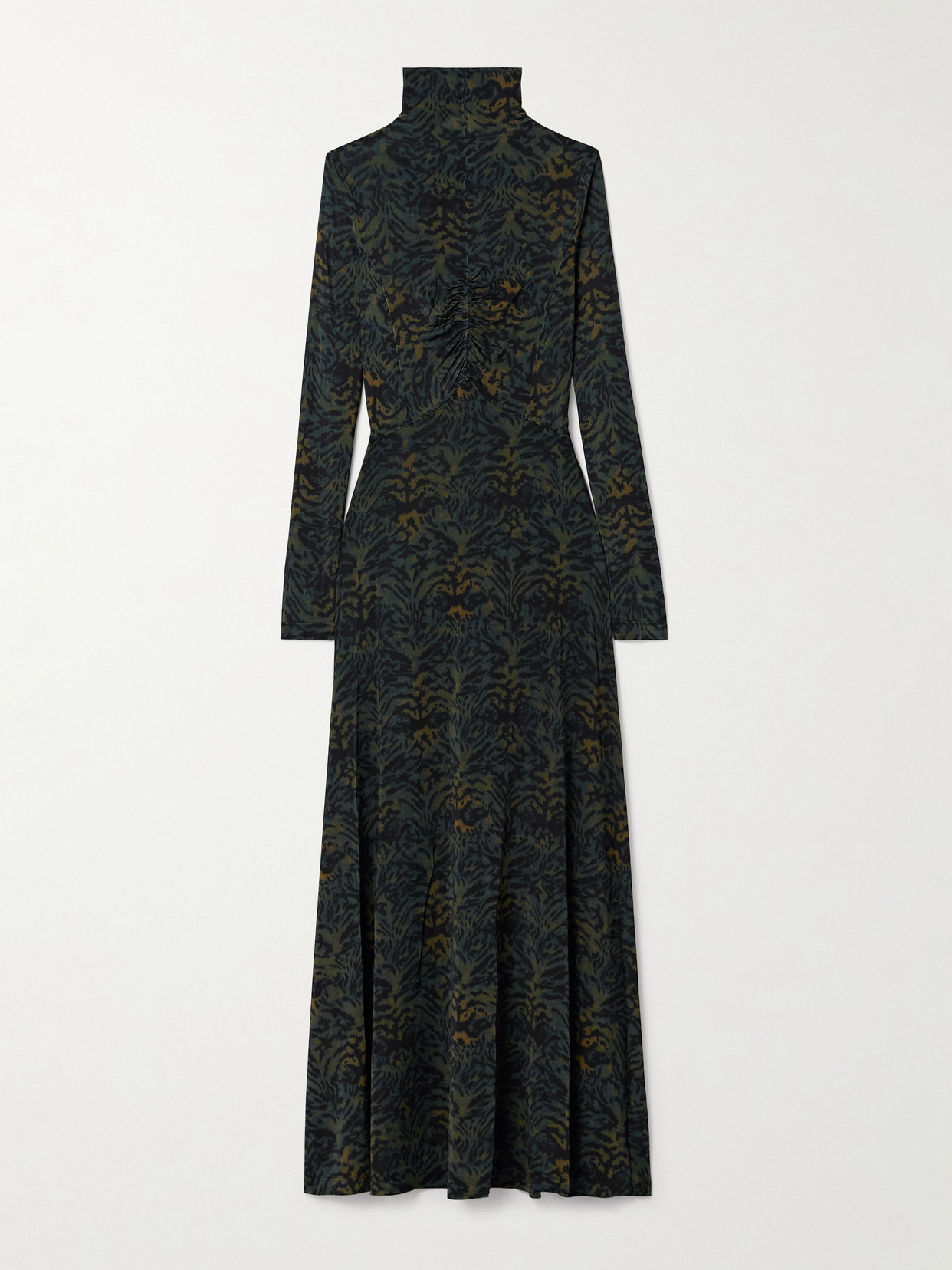 Ulla Johnson Koa Ruched Printed Stretch-jersey Turtleneck Maxi Dress In Green