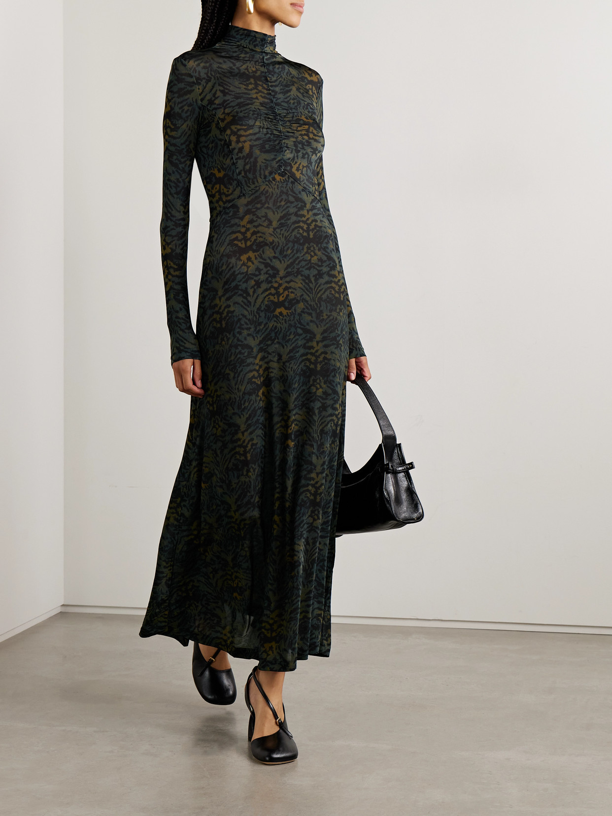 Ulla Johnson Koa Ruched Printed Stretch-jersey Turtleneck Maxi Dress In Multi