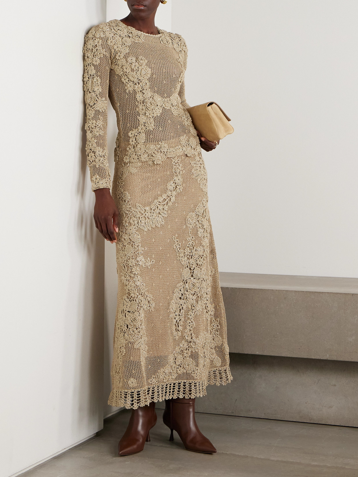 Ulla Johnson Aria Metallic Crocheted Maxi Skirt In Brown