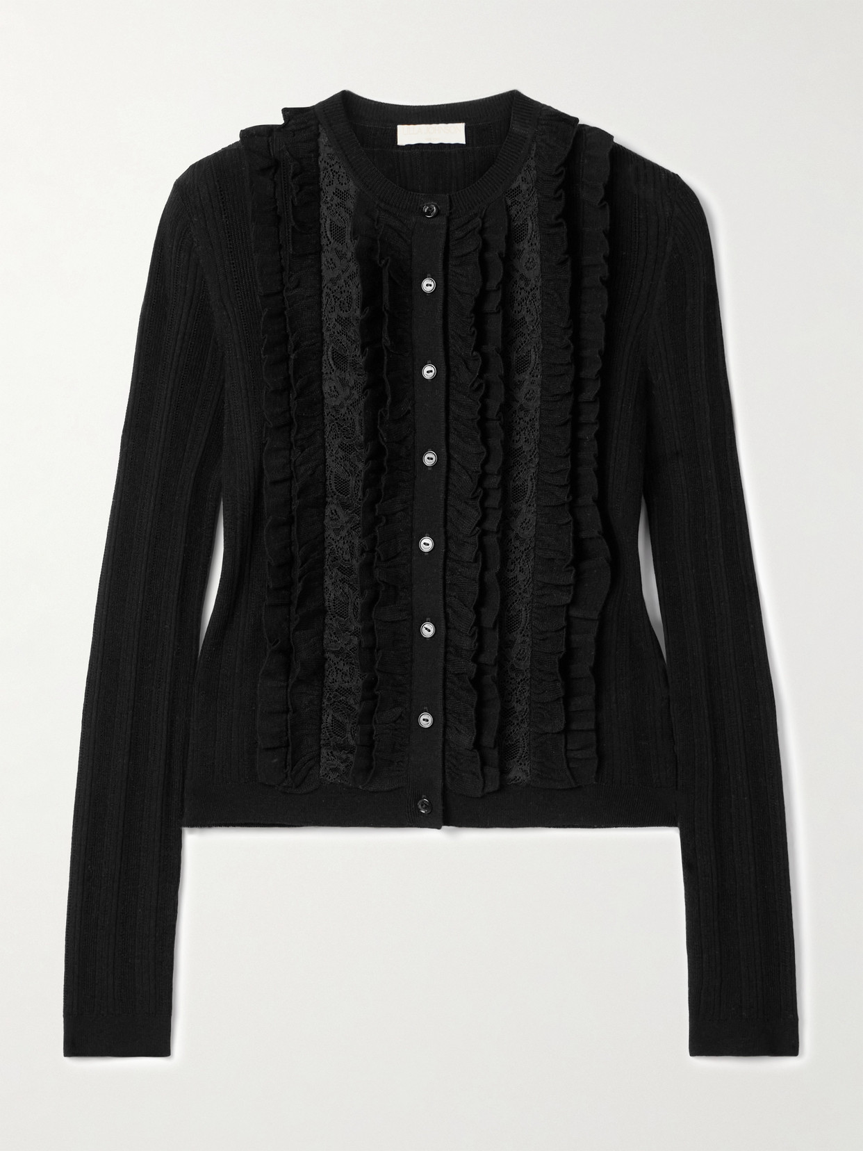 Ulla Johnson Maryel Lace-trimmed Ruffled Ribbed Merino Wool Cardigan In Black