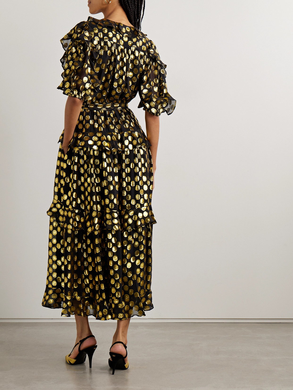 Ulla Johnson Tida Belted Metallic Fil Coupé Silk-blend Crepe De Chine Midi Dress In Black