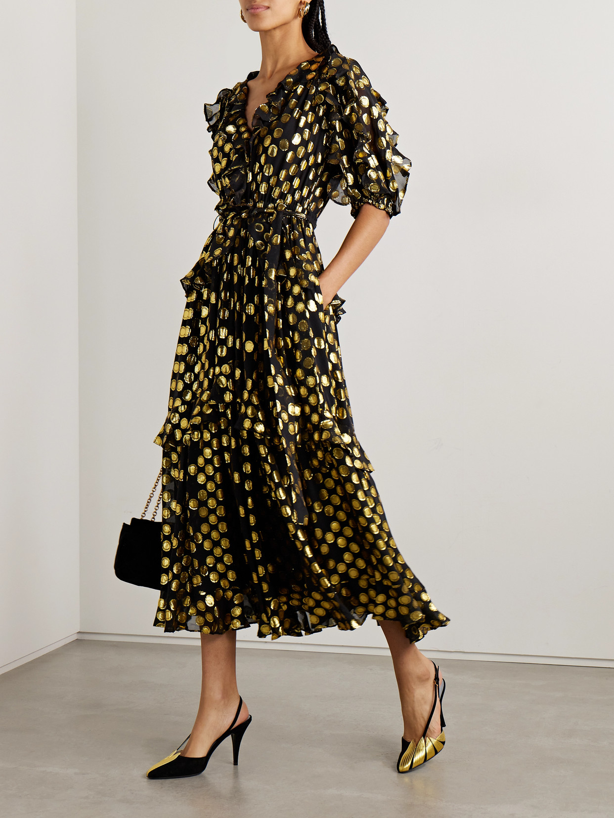 Ulla Johnson Tida Belted Metallic Fil Coupé Silk-blend Crepe De Chine Midi Dress In Black