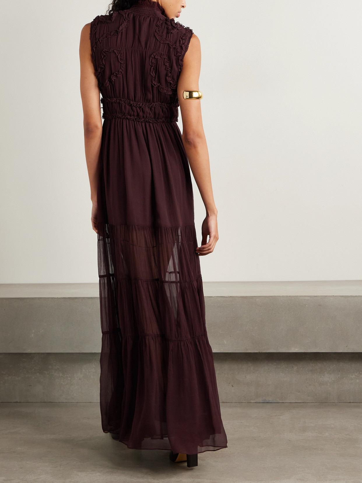 Ulla Johnson Verona Ruffled Smocked Silk-crepon Gown In Brown