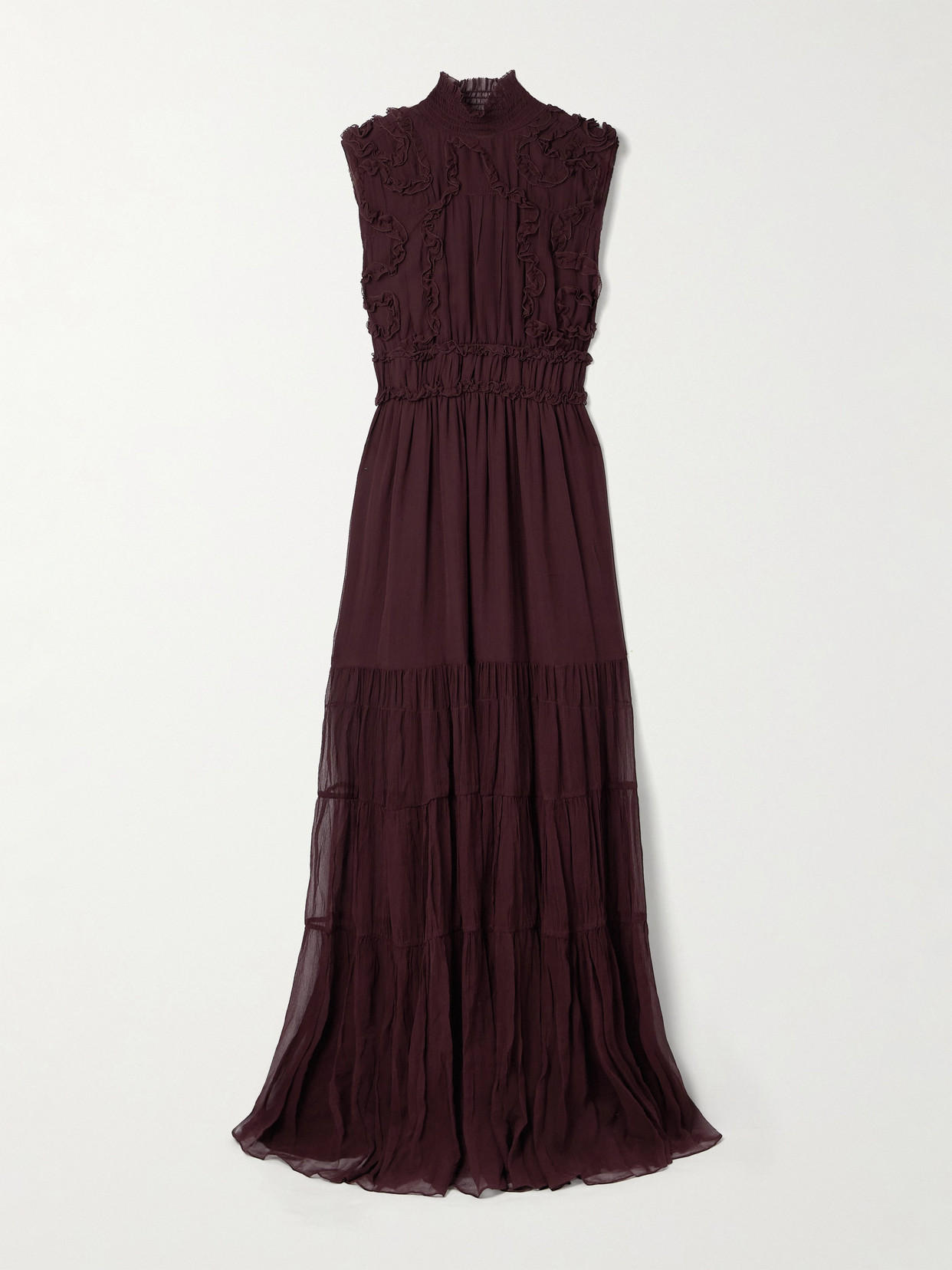 Ulla Johnson Verona Ruffled Smocked Silk-crepon Gown In Brown