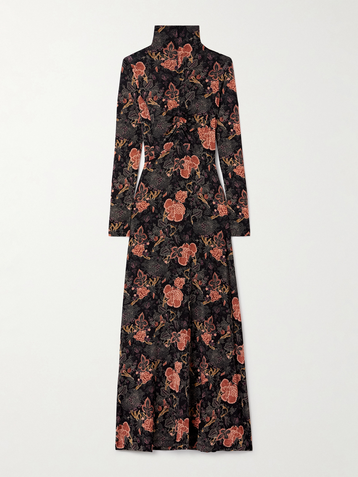 Ulla Johnson Koa Ruched Printed Stretch-jersey Turtleneck Maxi Dress In Multi