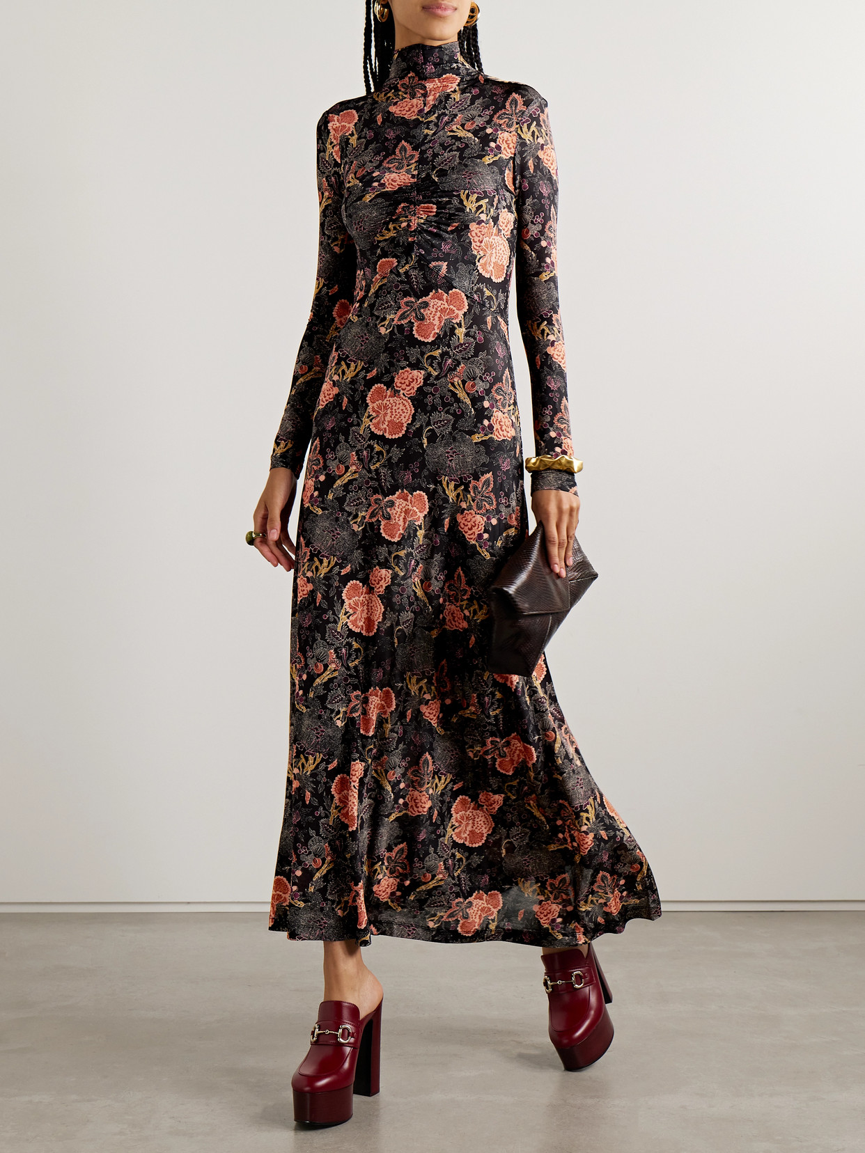 Ulla Johnson Koa Ruched Printed Stretch-jersey Turtleneck Maxi Dress In Multi