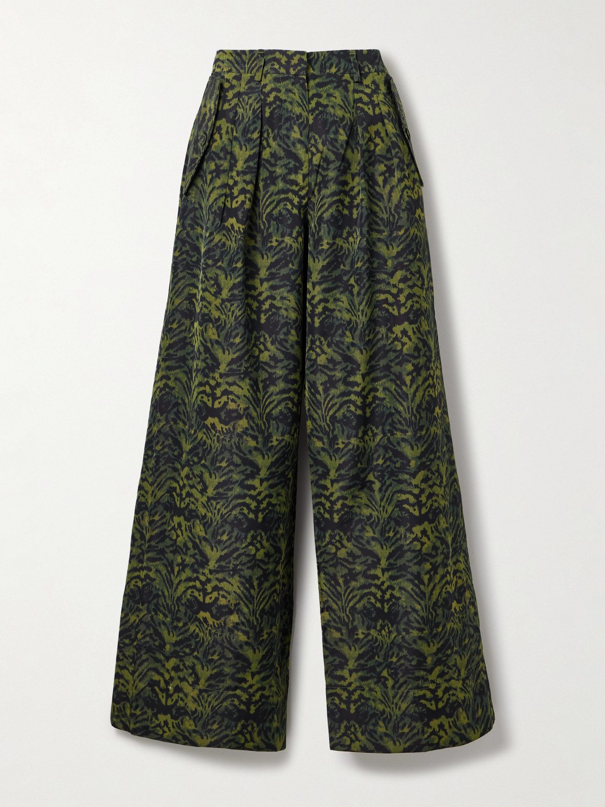 Ulla Johnson Charlie Pleated Printed Poplin Wide-leg Pants In Green