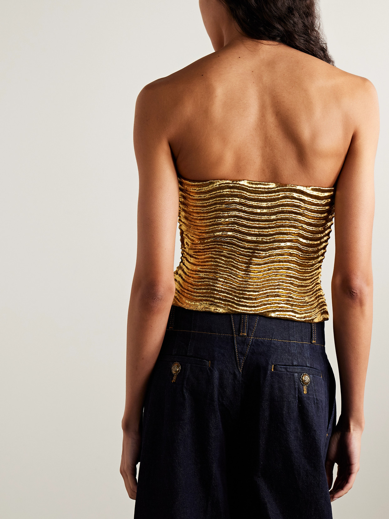 Ulla Johnson Heleen Strapless Metallic Cloqué Bustier Top In Gold