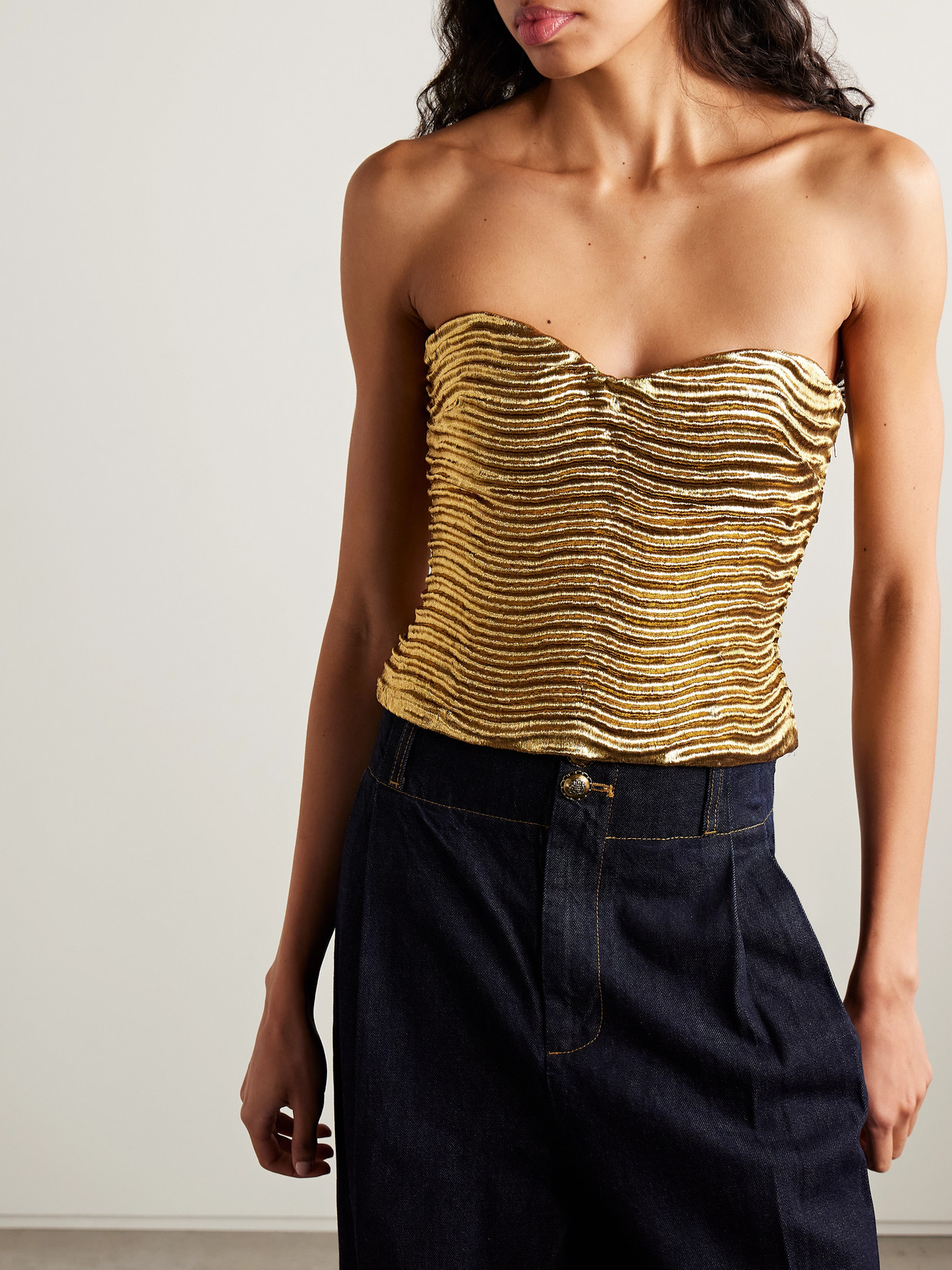 Ulla Johnson Heleen Strapless Metallic Cloqué Bustier Top In Gold
