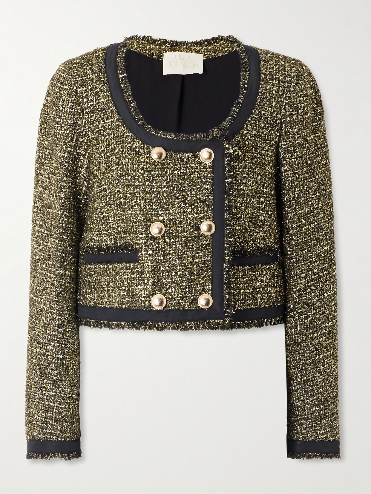 Ulla Johnson Anisa Double-breasted Grosgrain-trimmed Metallic Tweed Jacket In Green