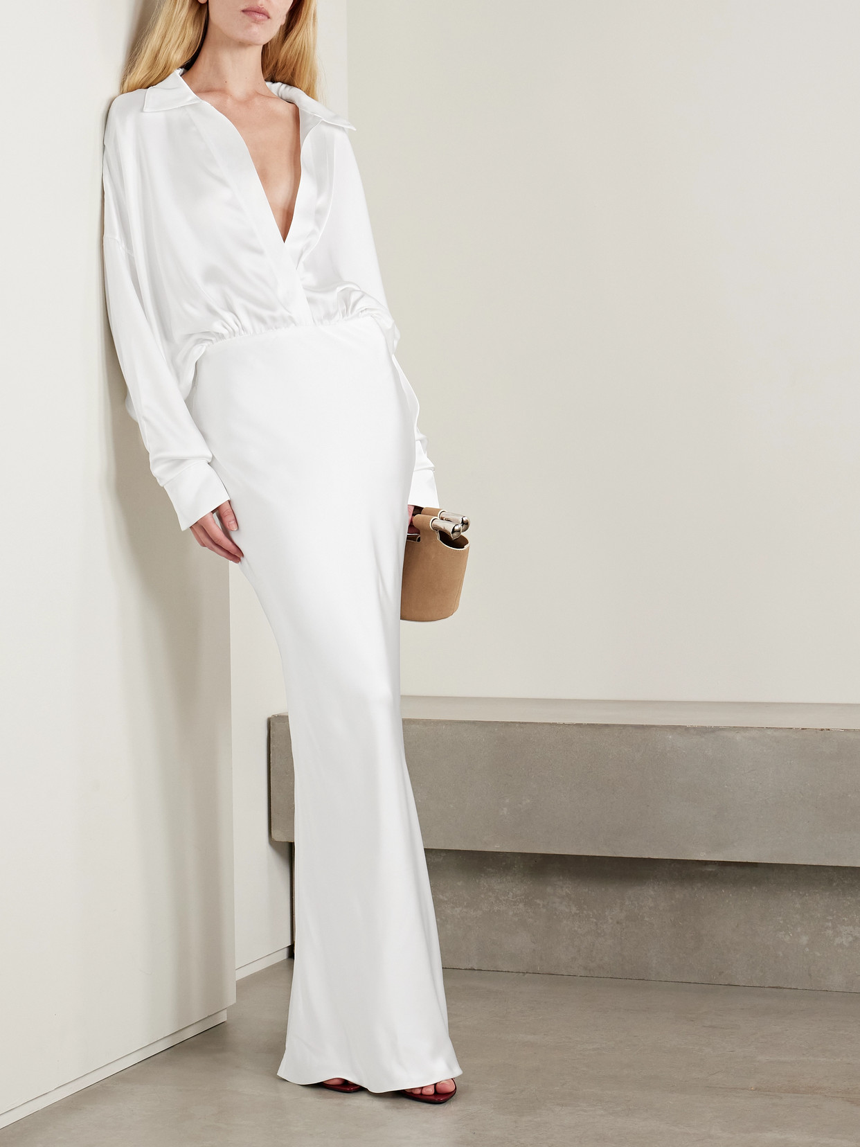 Norma Kamali Draped Satin Gown In White