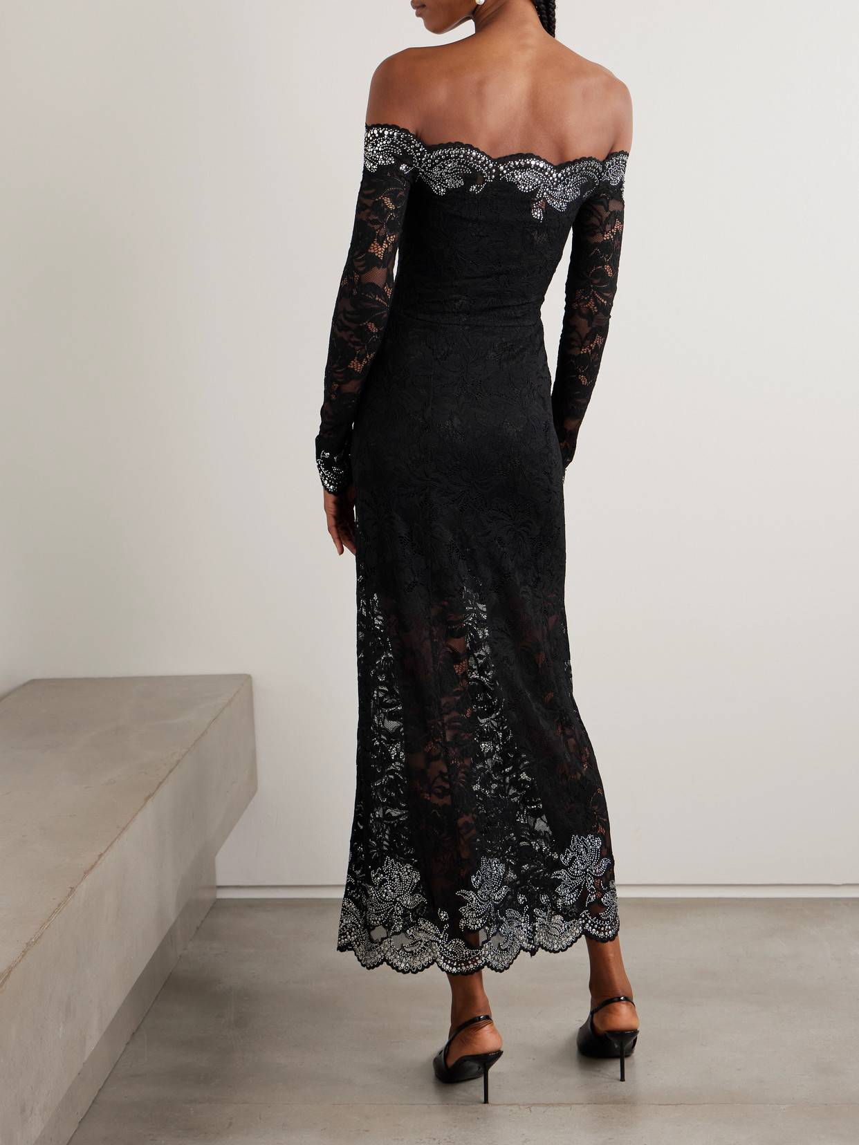 Rabanne Studded Stretch-lace Midi Dress In Black