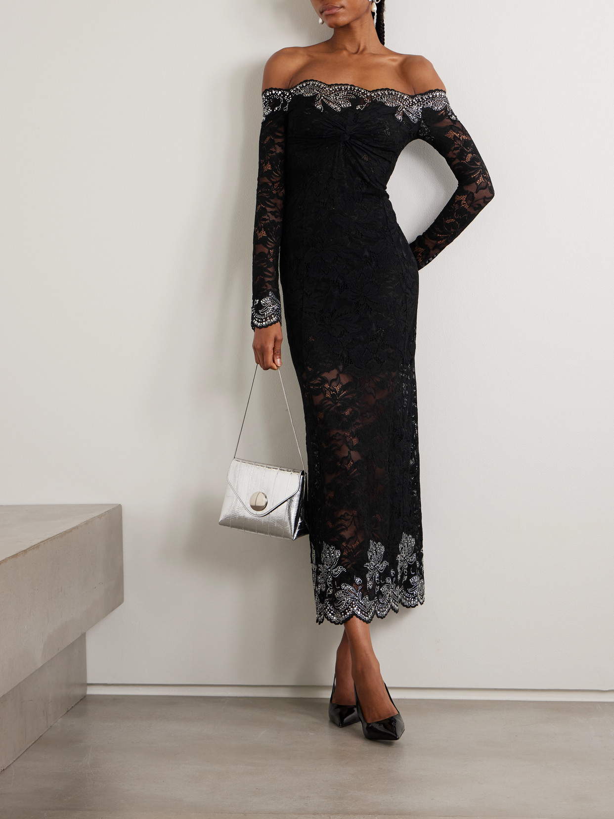 Rabanne Studded Stretch-lace Midi Dress In Black