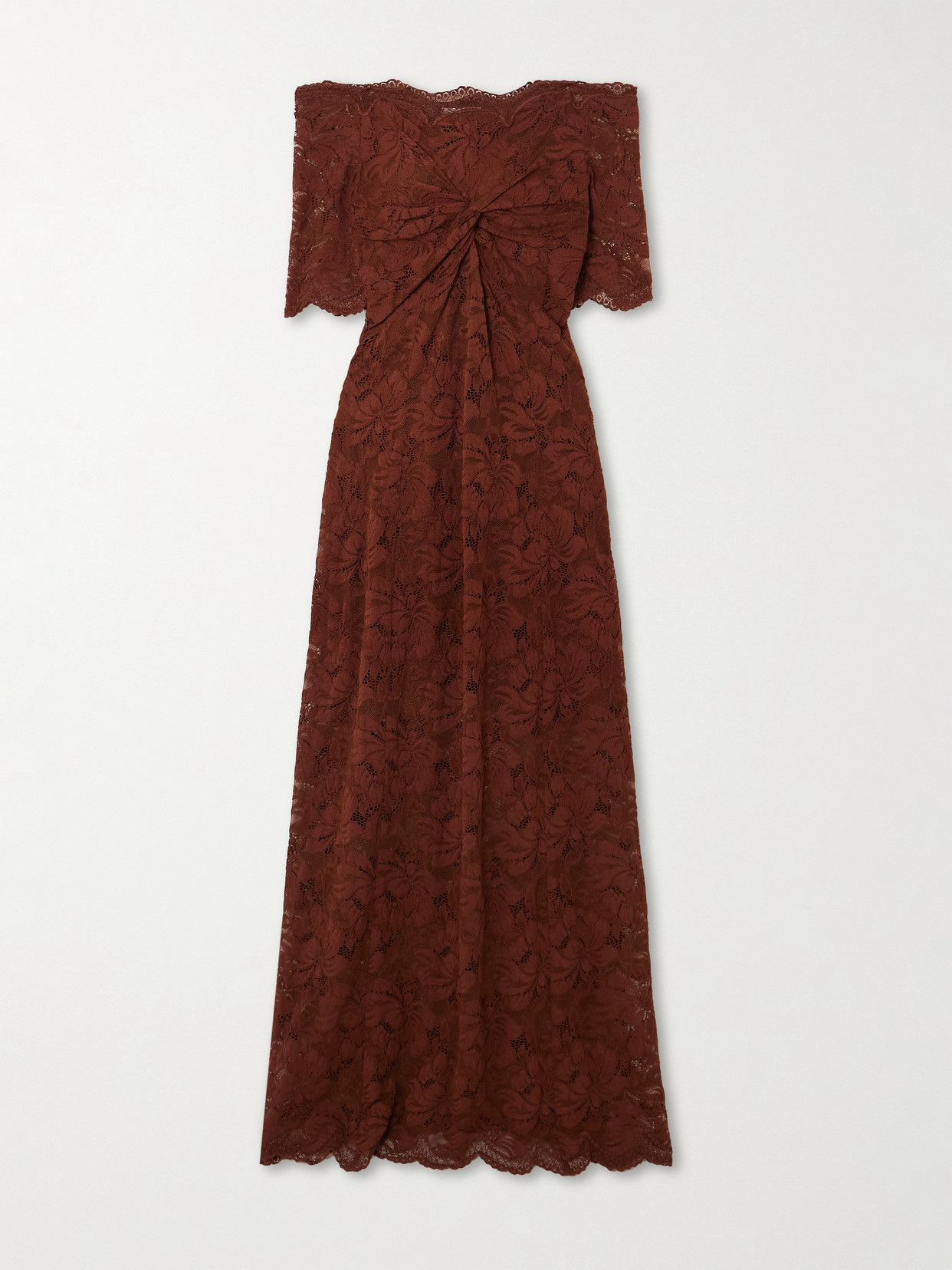 Rabanne Off-the-shoulder Twist-front Stretch-lace Midi Dress In Brown