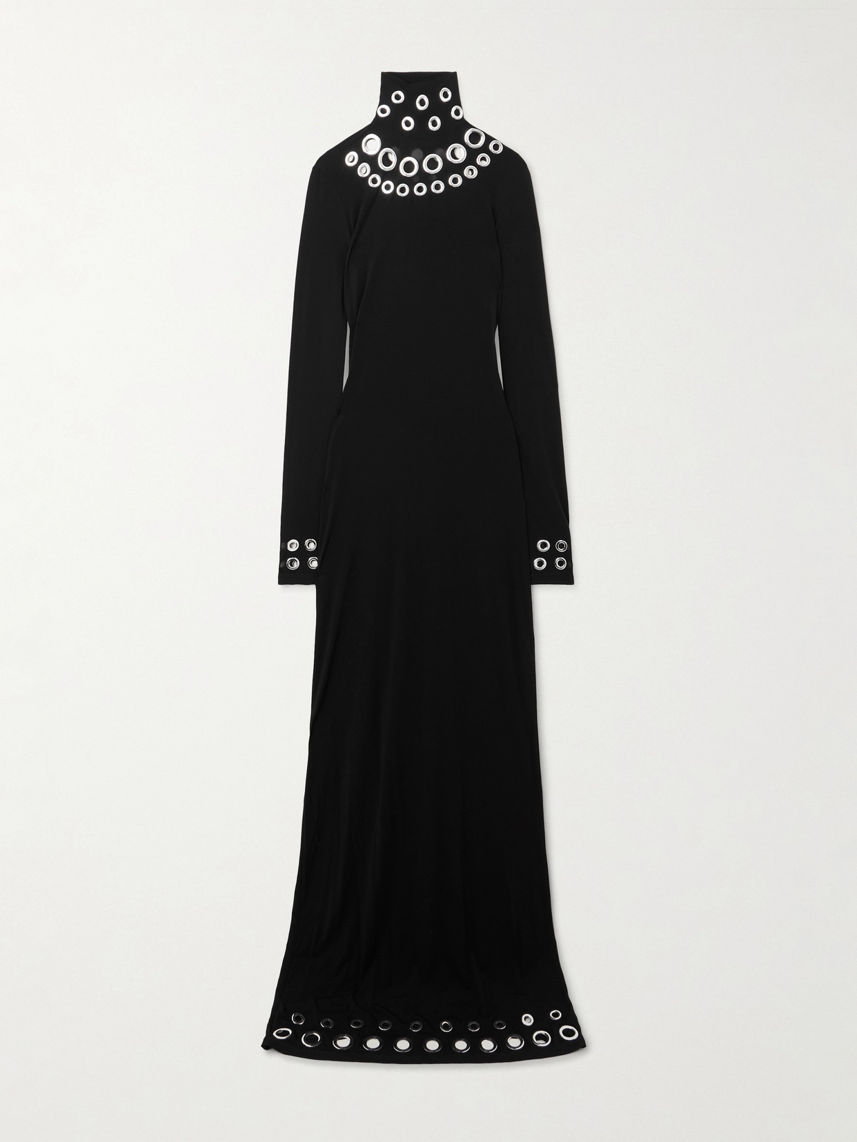 Rabanne Eyelet-embellished Stretch-jersey Turtleneck Maxi Dress In Black