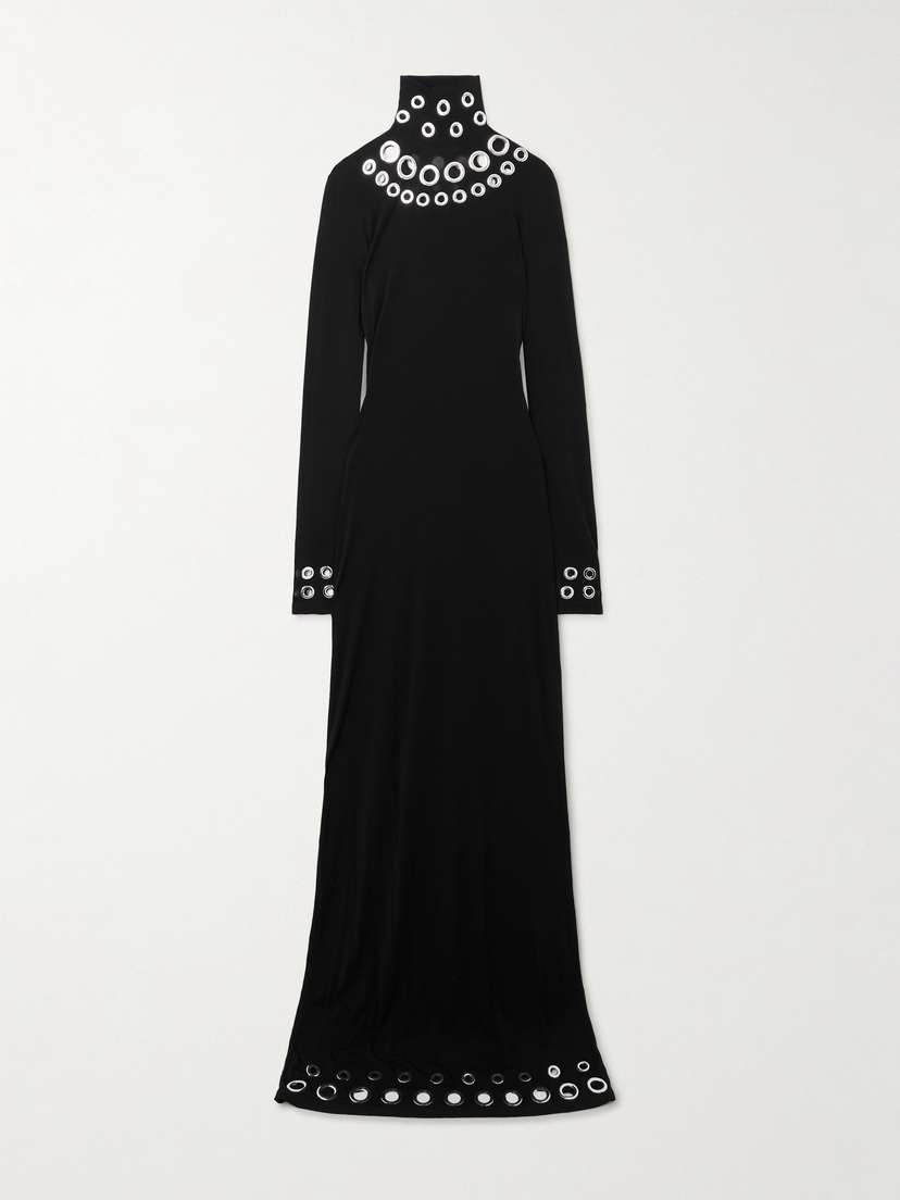 Rabanne Eyelet-embellished Stretch-jersey Turtleneck Maxi Dress