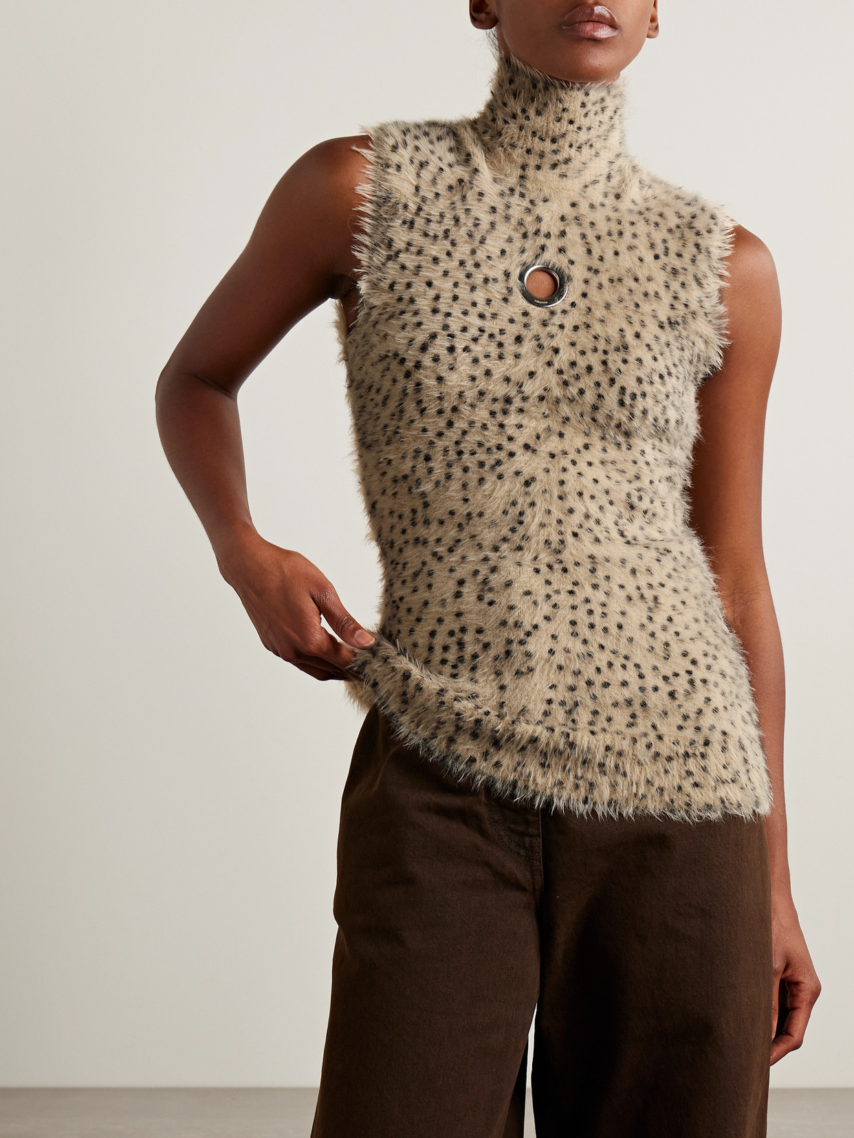 Rabanne Embellished Brushed Cheetah-print Stretch-knit Turtleneck Tank In Multi