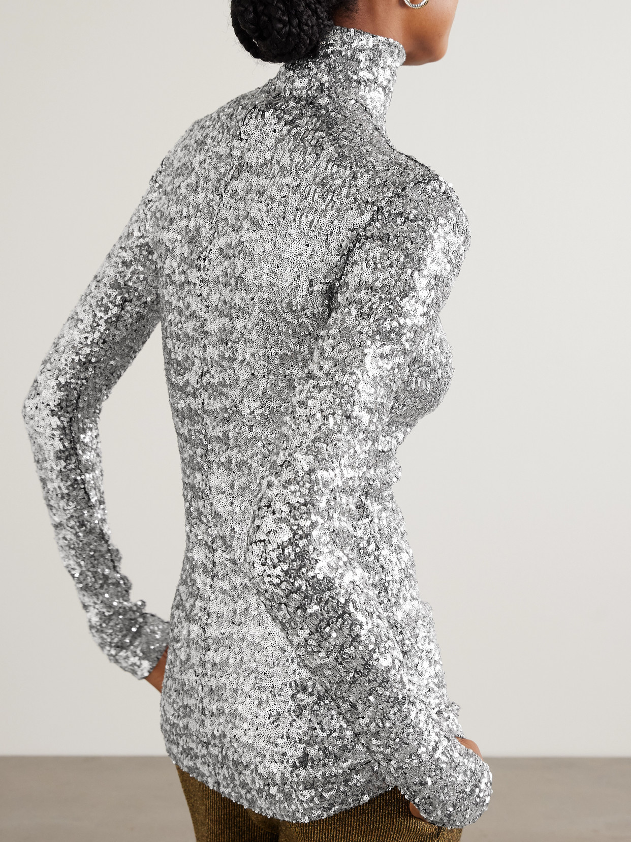 Rabanne Eyelet-embellished Sequined Tulle Turtleneck Top In Silver