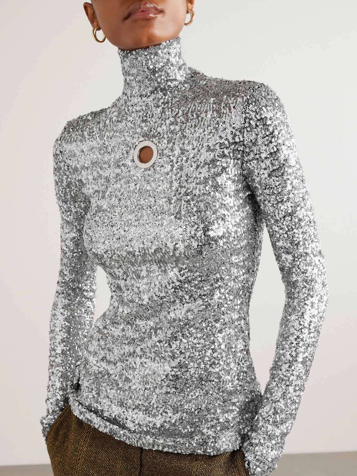 Rabanne Eyelet-embellished Sequined Tulle Turtleneck Top In Silver