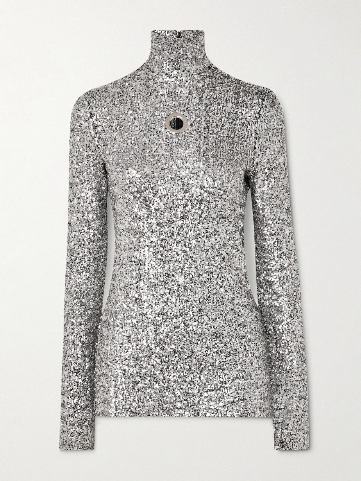 Rabanne Eyelet-embellished Sequined Tulle Turtleneck Top In Silver