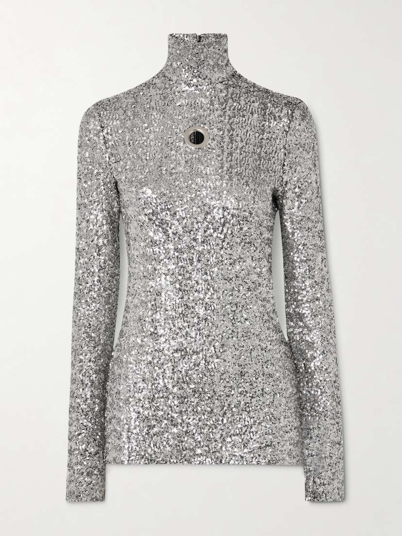 Rabanne Eyelet-embellished Sequined Tulle Turtleneck Top