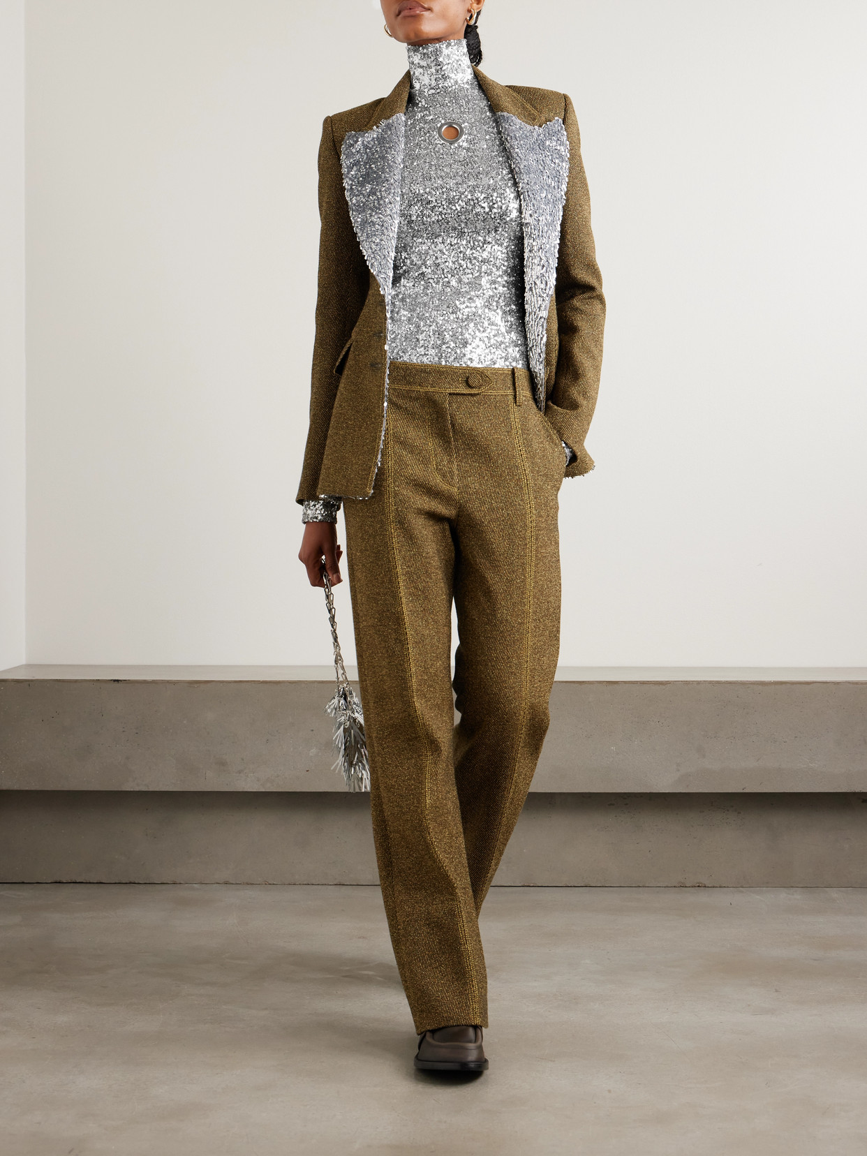 Rabanne Eyelet-embellished Sequined Tulle Turtleneck Top In Silver