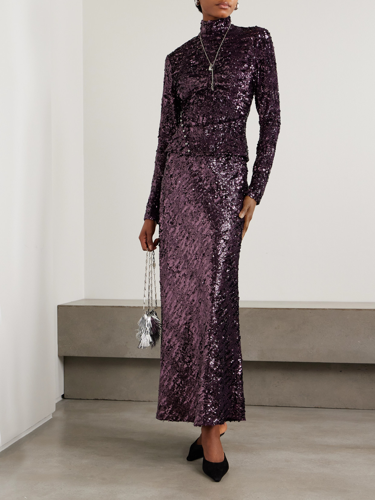 Rabanne Womens Beetroot Purple Mock-neck Sequin Woven Top In Purple