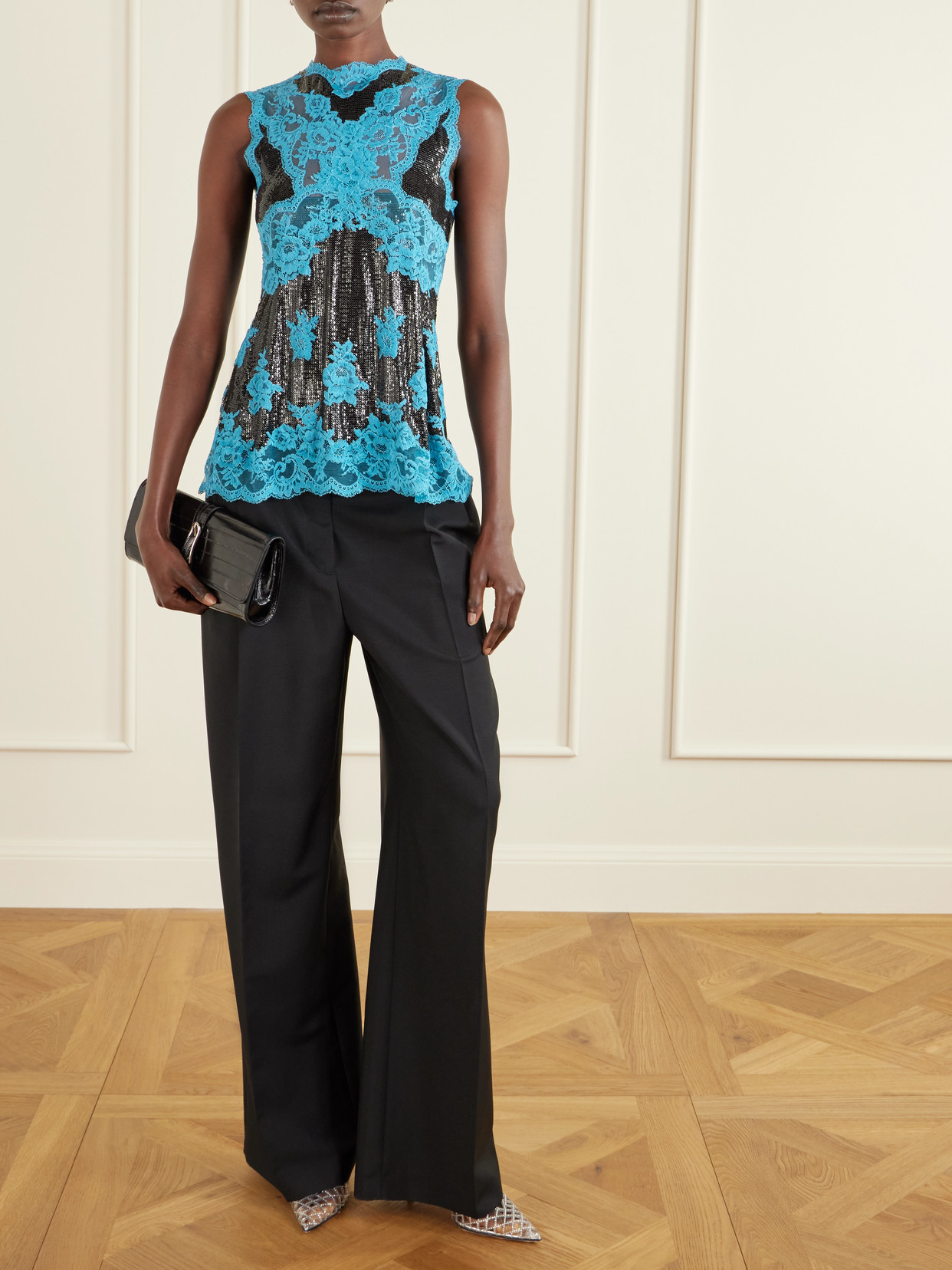 Rabanne Lace-trimmed Chainmail Blouse In Black