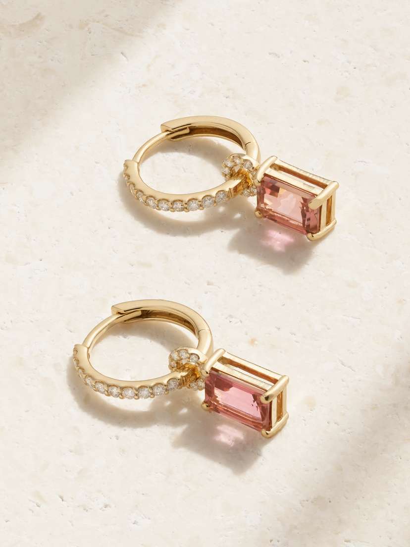 STONE AND STRAND 14-karat Gold, Tourmaline And Diamond Hoop Earrings