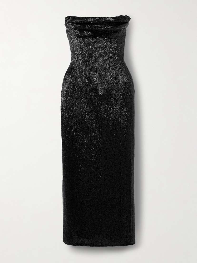 Wiederhoeft Ivy Draped Strapless Beaded Tulle Midi Dress