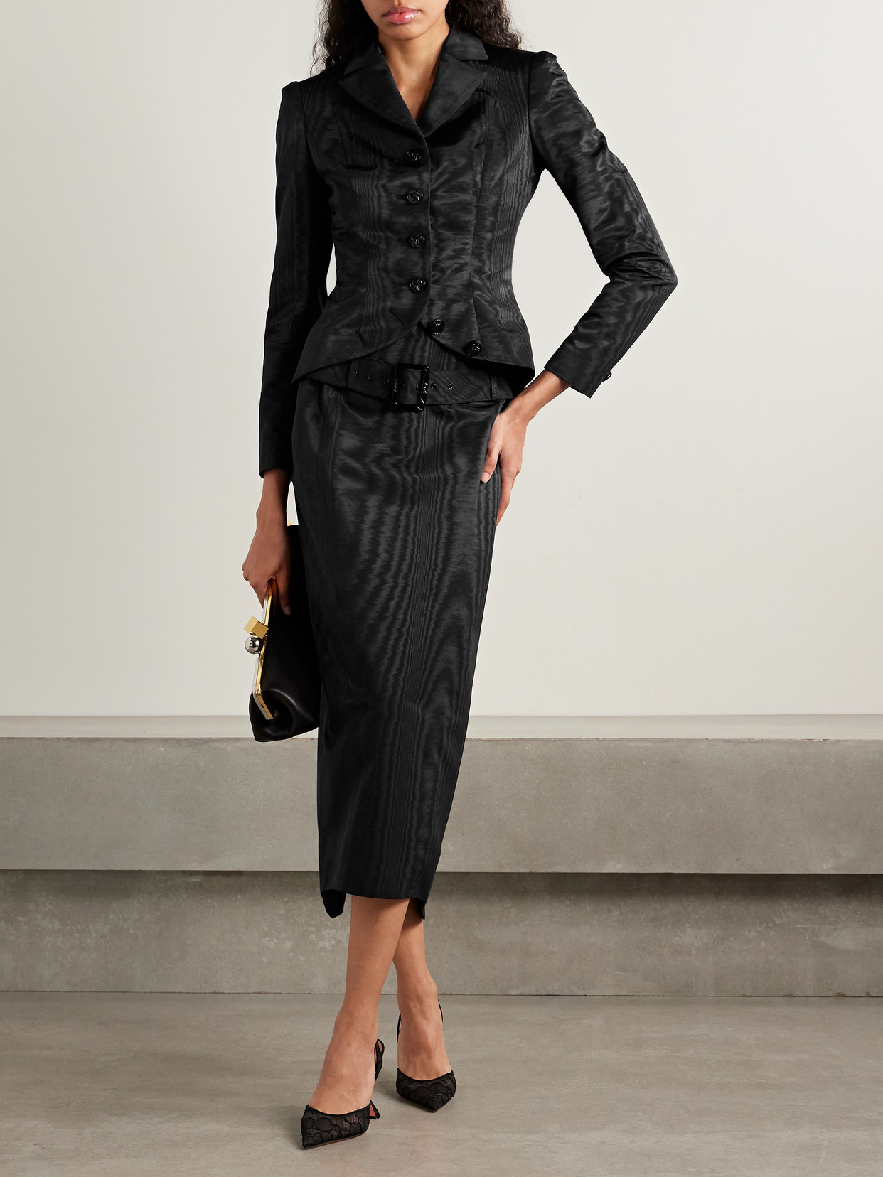 Wiederhoeft Salon Belted Recycled-moire Midi Skirt In Black