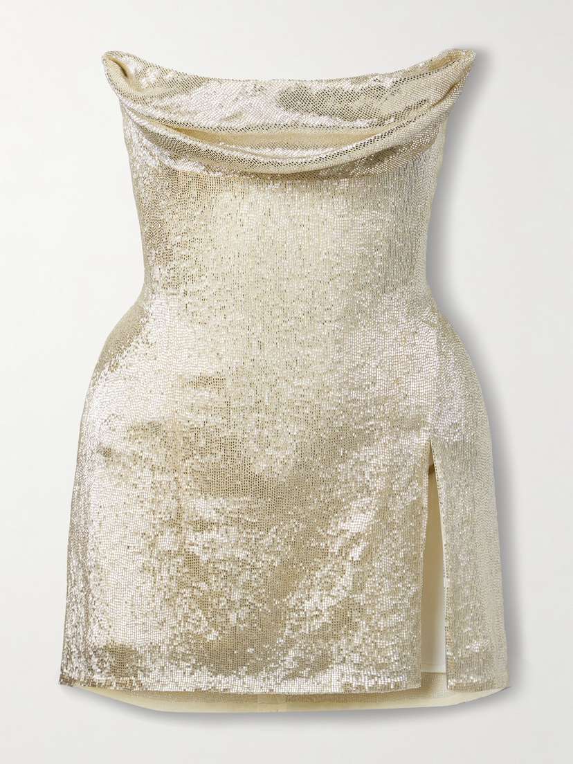 Wiederhoeft Ivy Draped Strapless Beaded Tulle Mini Dress