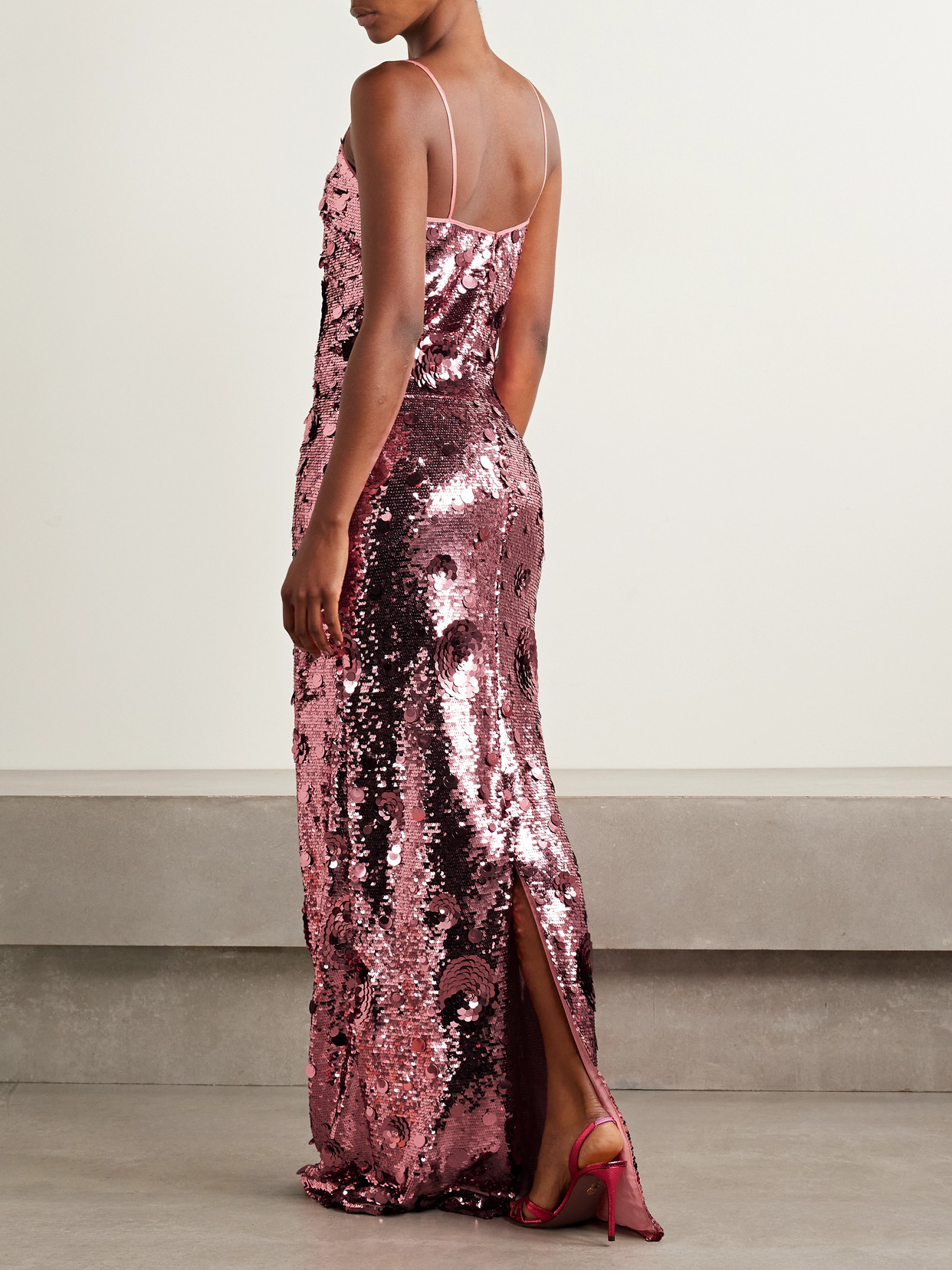 The New Arrivals Ilkyaz Ozel Isis In Fleur De Fleurs Sequined Crepe Maxi Dress In Pink
