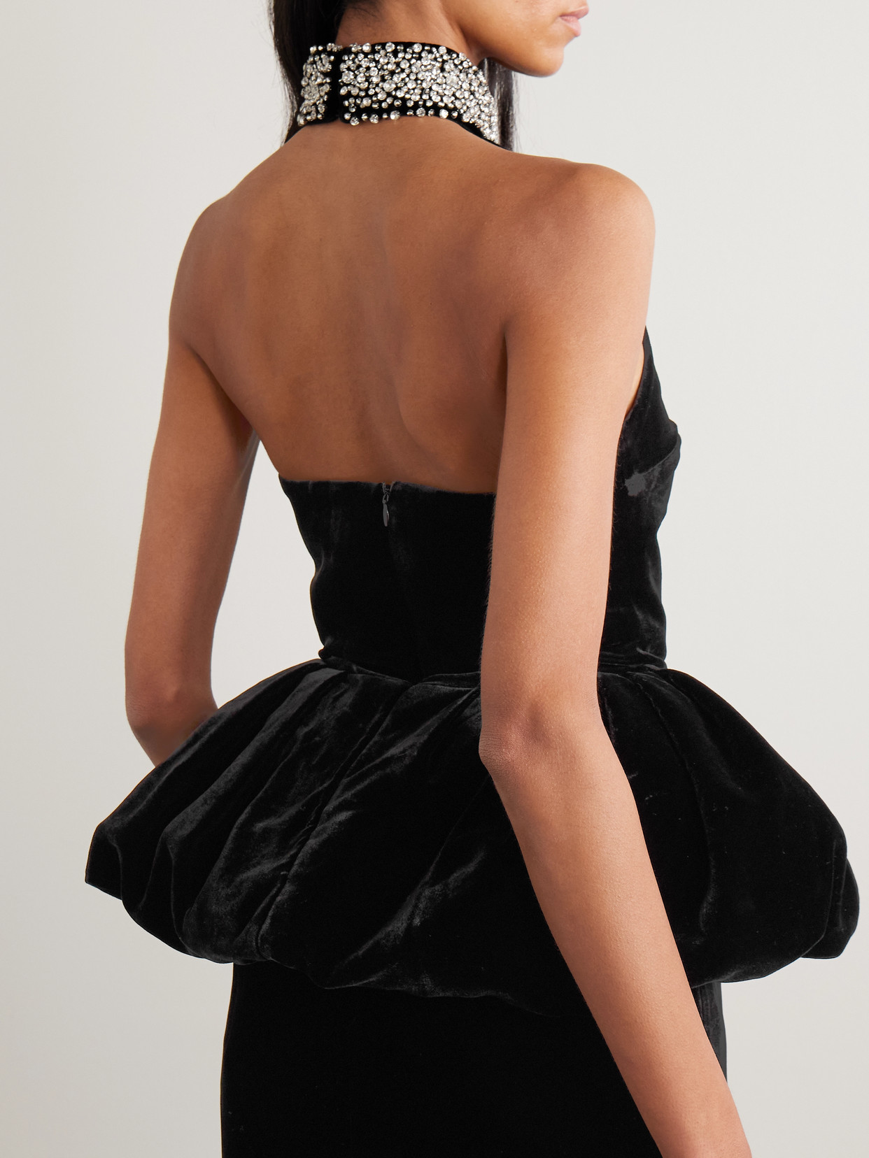 Hemingway Crystal-Embellished Velvet Peplum Halterneck Top