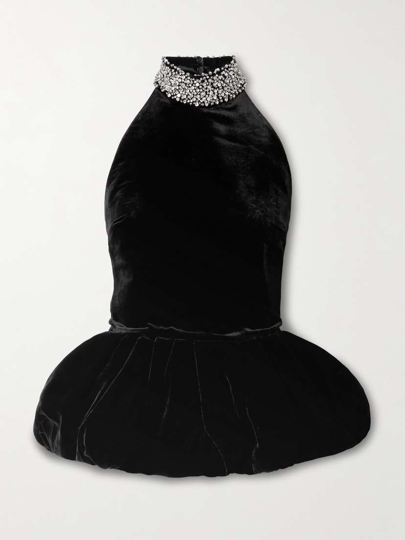 The New Arrivals Ilkyaz Ozel Hemingway Crystal-embellished Velvet Peplum Halterneck Top