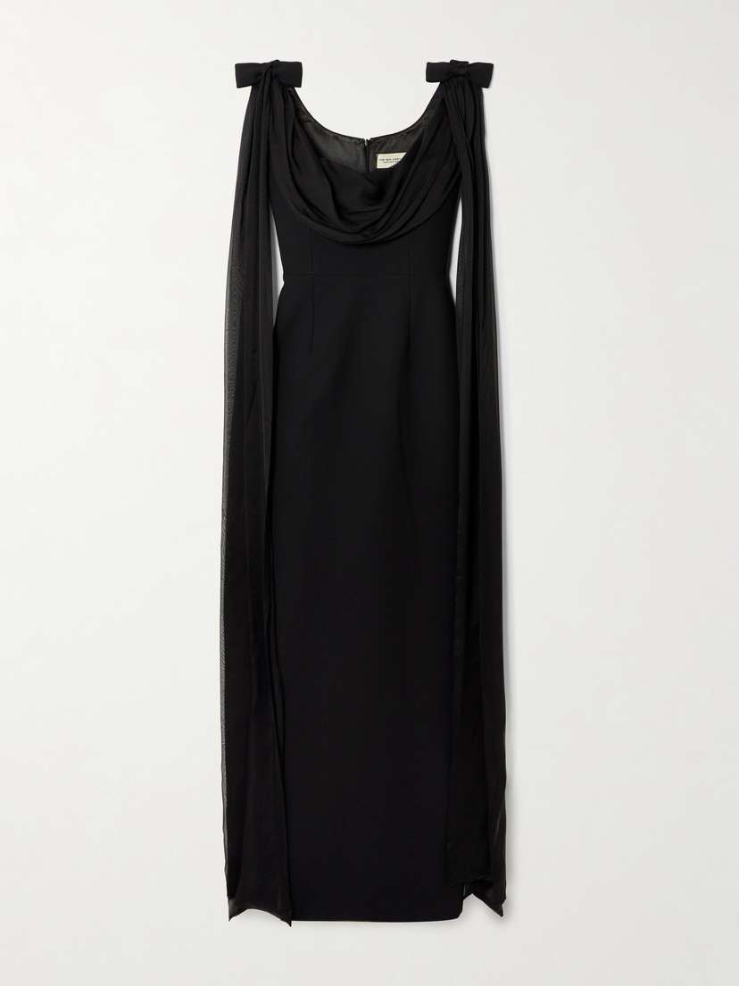The New Arrivals Ilkyaz Ozel Morticia Bow-detailed Draped Silk Voile-trimmed Cady Gown