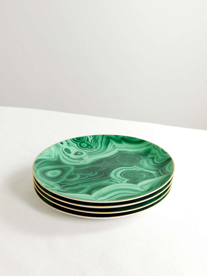 L'Objet Malachite Set Of Four Gold-plated Porcelain Dessert Plates