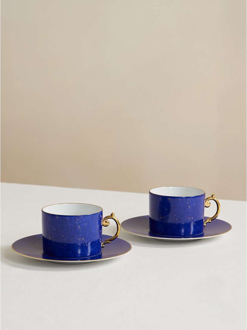 L'Objet Lapis Set Of Two Gold-plated Porcelain Cups And Saucers
