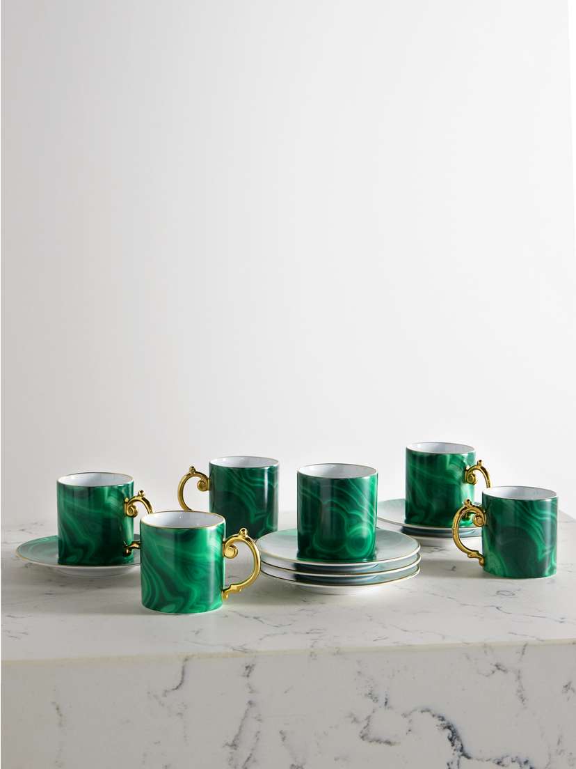 L'Objet Malachite Set Of Six Porcelain Espresso Cups And Saucers