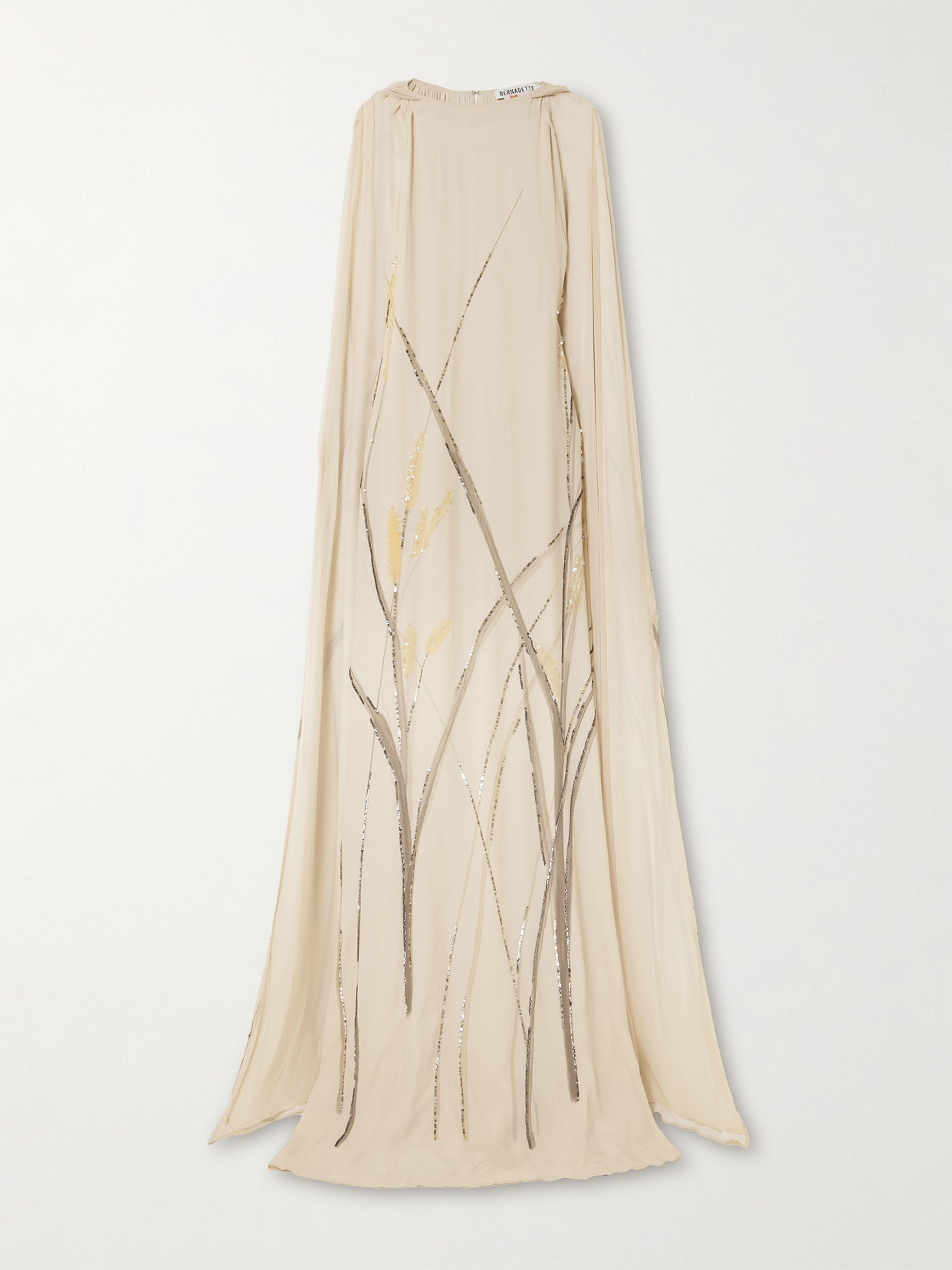 Bernadette Minnie Cape-effect Sequin-embellished Printed Crepe De Chine Gown In Brown