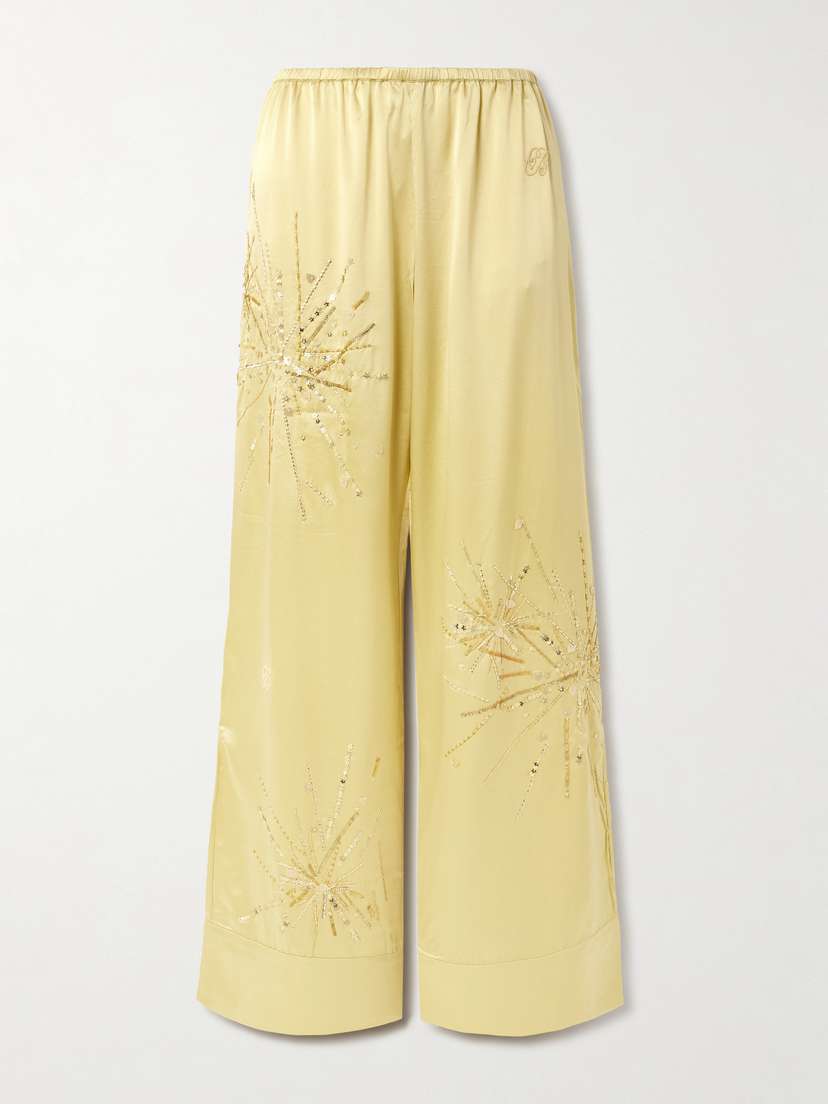 BERNADETTE Louis Embellished Silk-blend Satin Wide-leg Pants