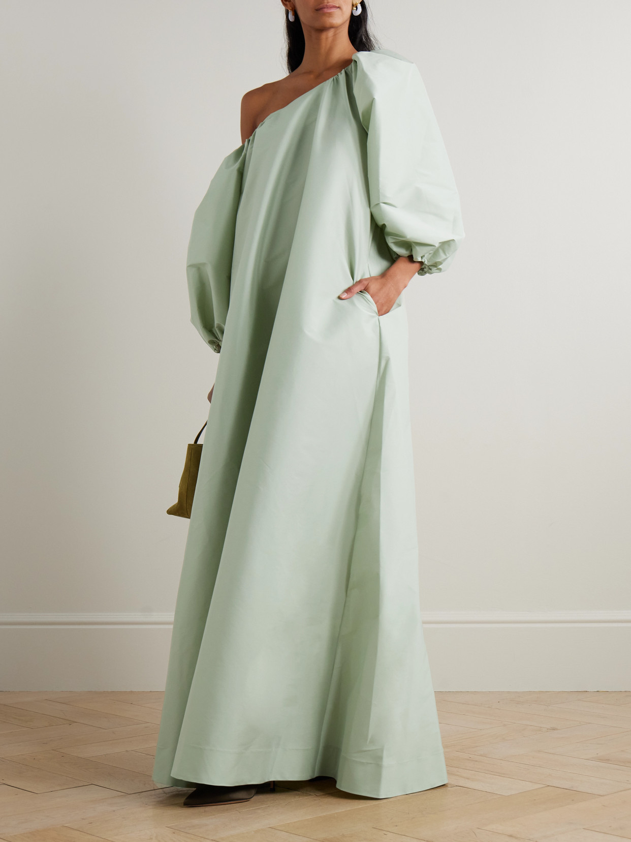 Bernadette Nathalie Off-the-shoulder Taffeta Gown In Green